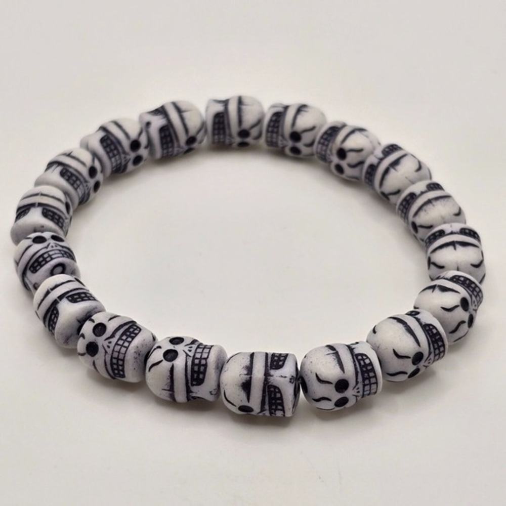 Skull Bead Stretch Bracelet‎ White Black Goth Punk Biker Halloween